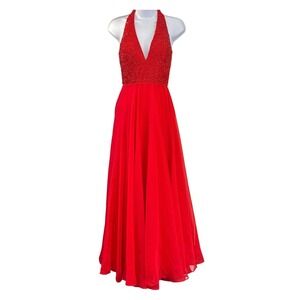 Sherri Hill Red Halter Beaded Prom Gown Size 4 Floor Length Formal Dress